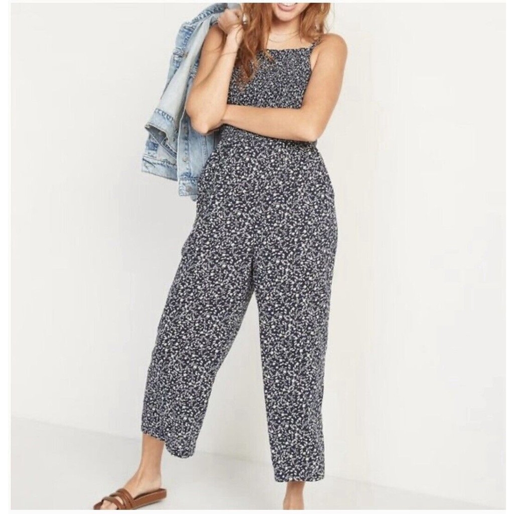 Old Navy Jumpsuit Women's Size XXL Blue Ditzy Floral Smocked Cami